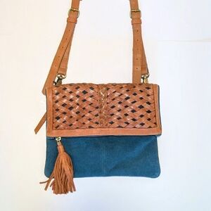Woven Tan and Blue Crossbody Bag